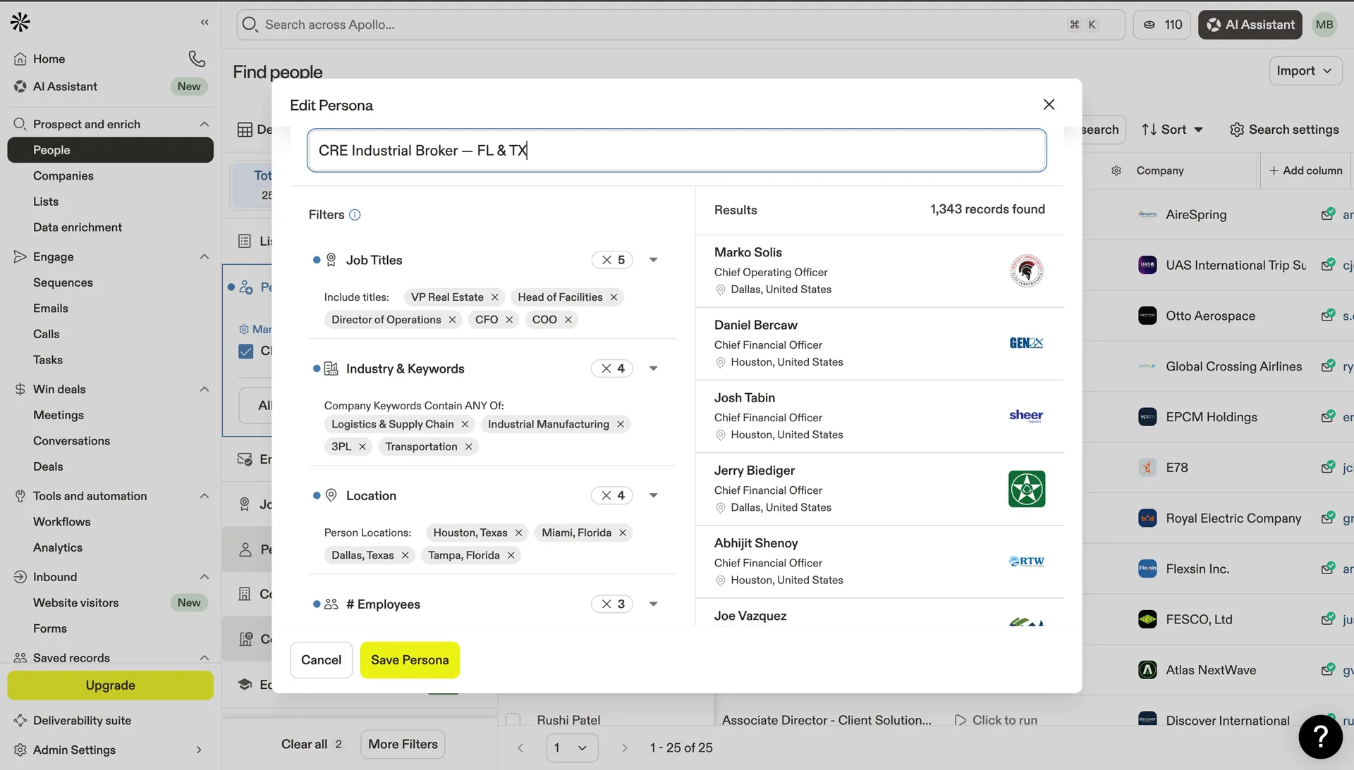 Apollo Persona CRE Industrial Broker FL TX 1343 results