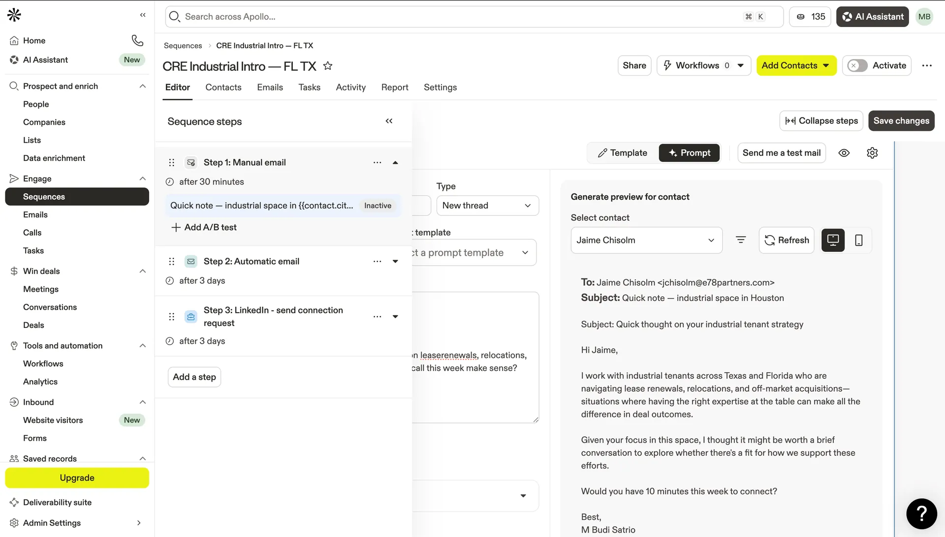 Apollo Sequence CRE Industrial Intro FL TX 3 steps