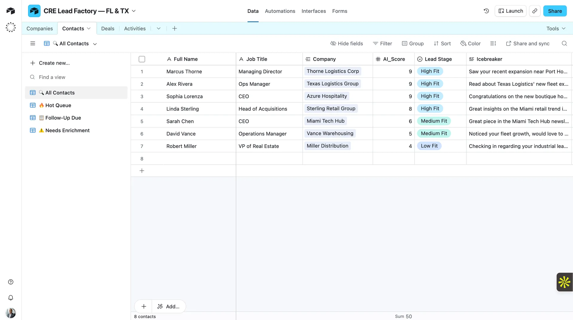 Airtable CRE Lead Factory Contacts all contacts view AI_Score Icebreaker