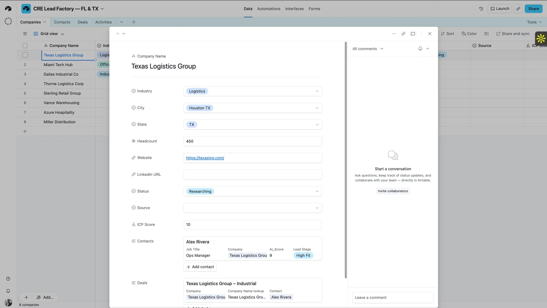 Airtable record detail Texas Logistics Group linked contacts deals relational