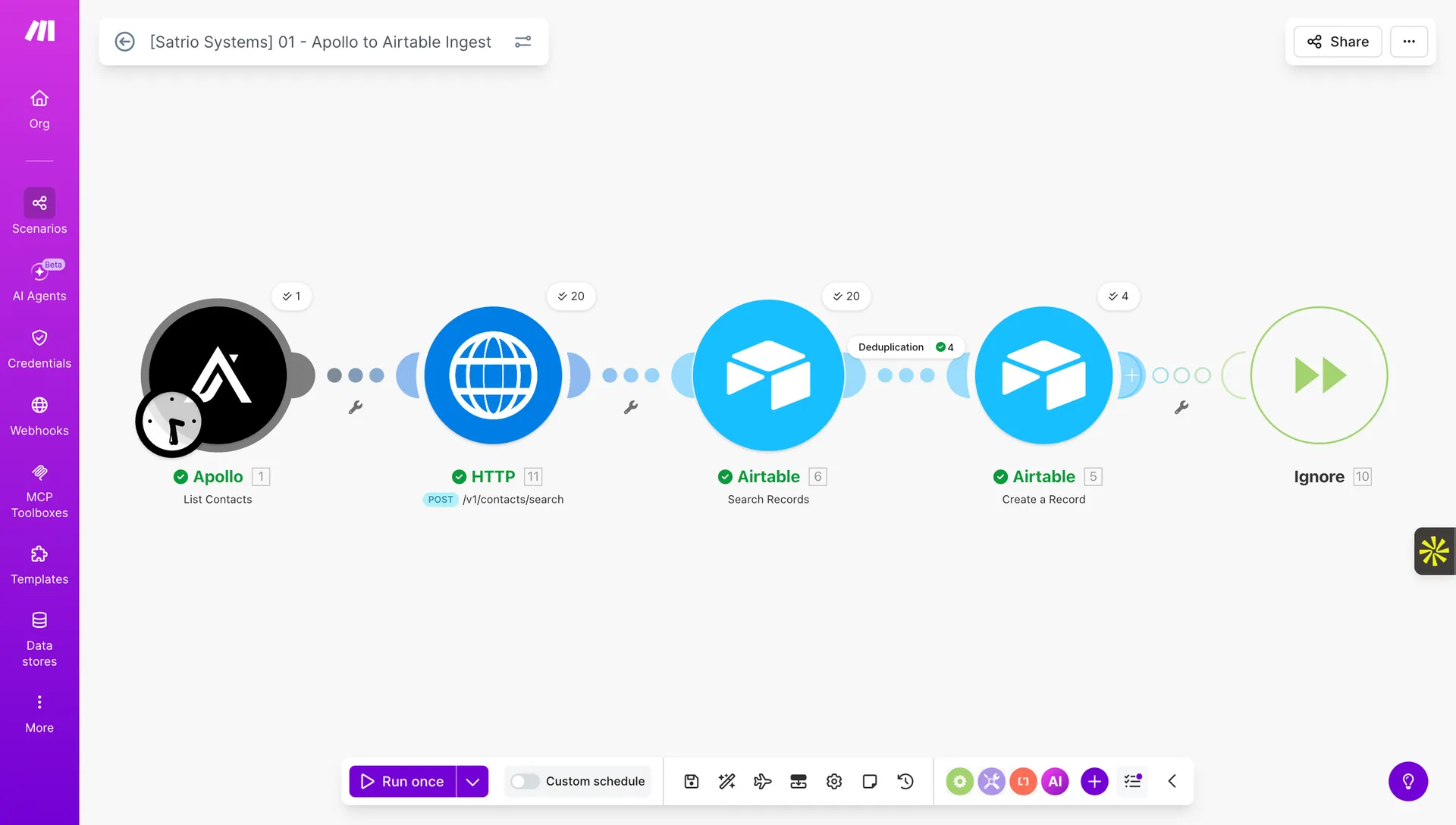 Make Scenario 01 Apollo to Airtable Ingest 5 modules deduplication