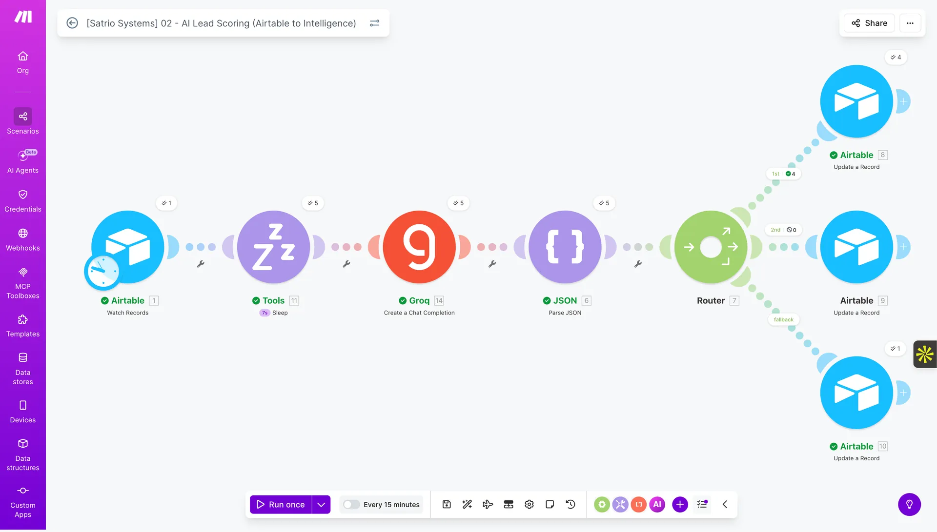 Make Scenario 02 AI Lead Scoring Router 3 paths Groq JSON Parse Airtable update