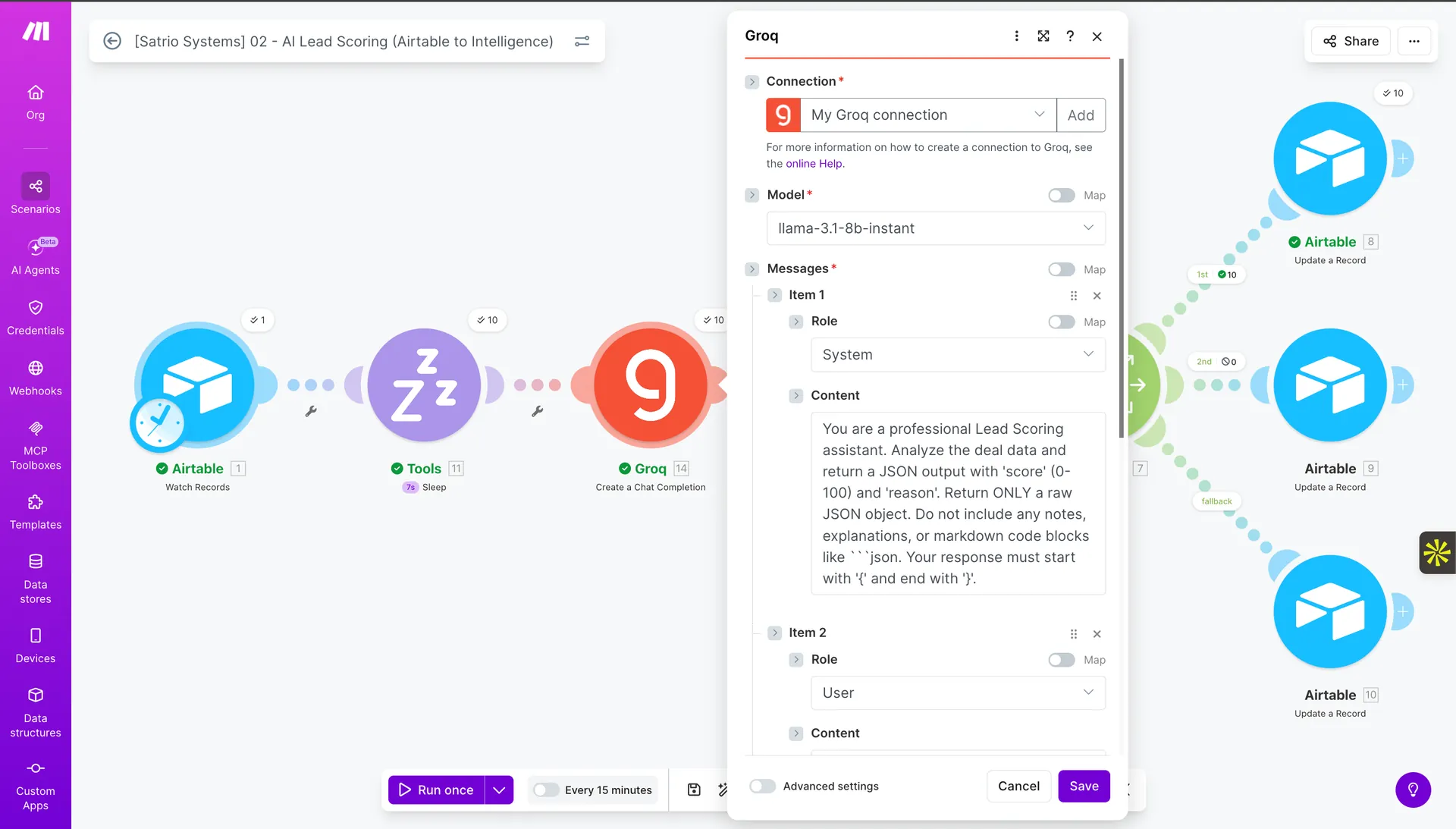 Make Groq system prompt lead scoring JSON only no markdown