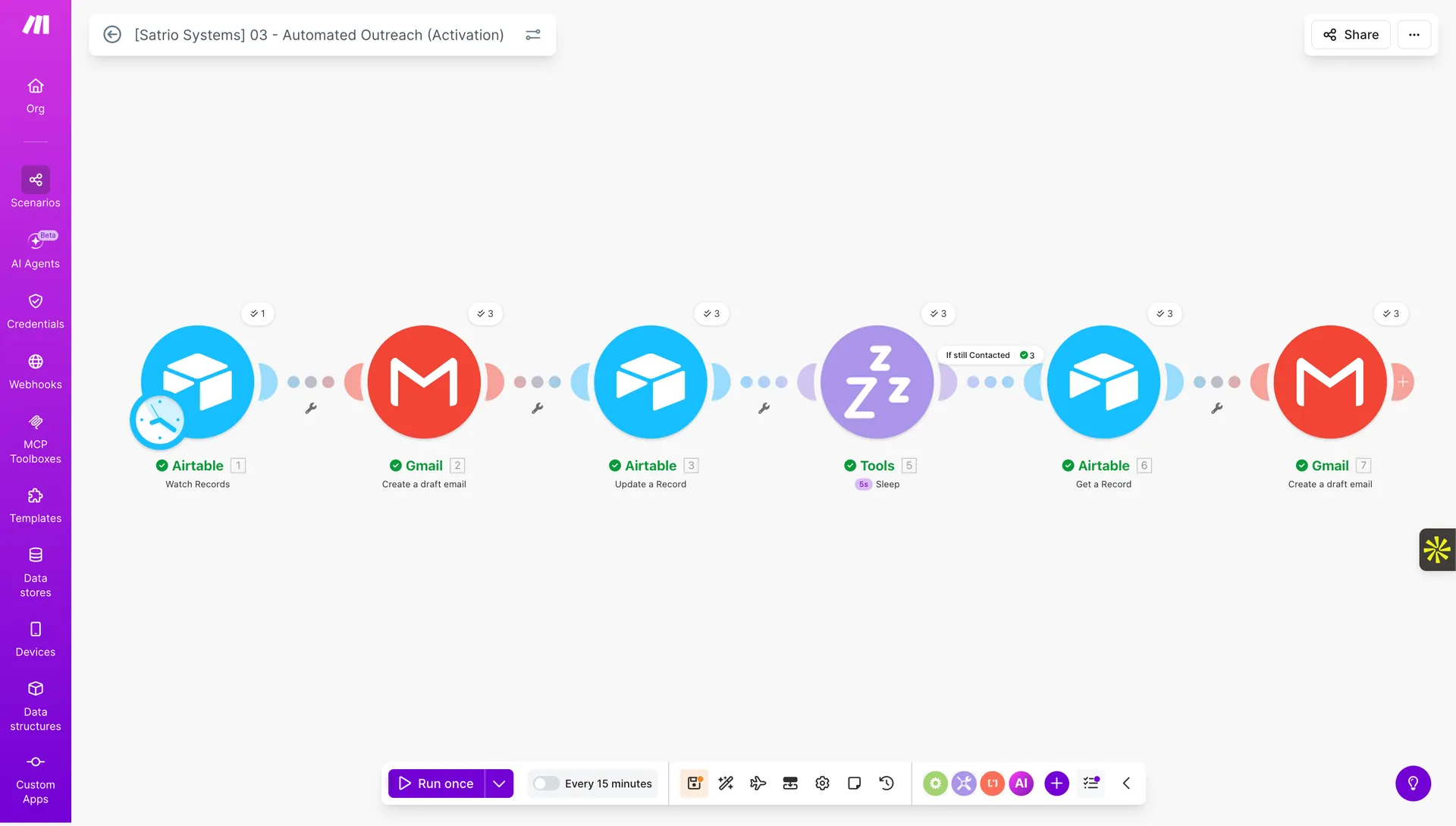 Make Scenario 03 Automated Outreach Airtable Watch Gmail Update Sleep Get Gmail