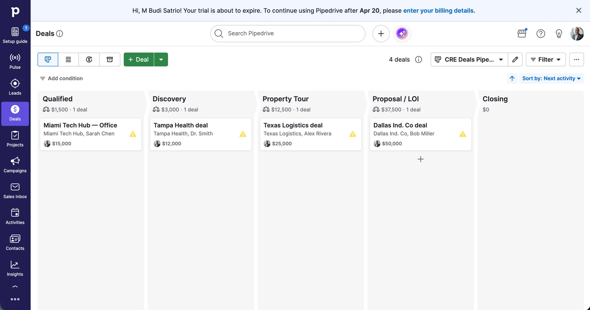 Pipedrive CRE Deals Pipeline Kanban 4 deals Qualified Discovery Property Tour Proposal LOI