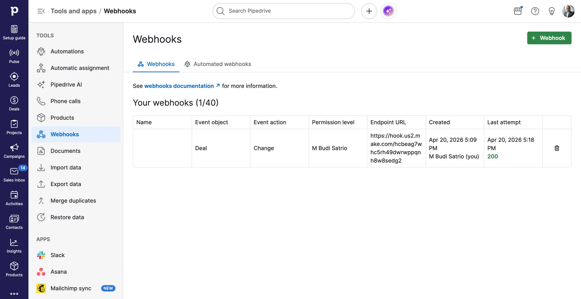 Pipedrive webhook Deal Change endpoint Make.com URL last attempt 200