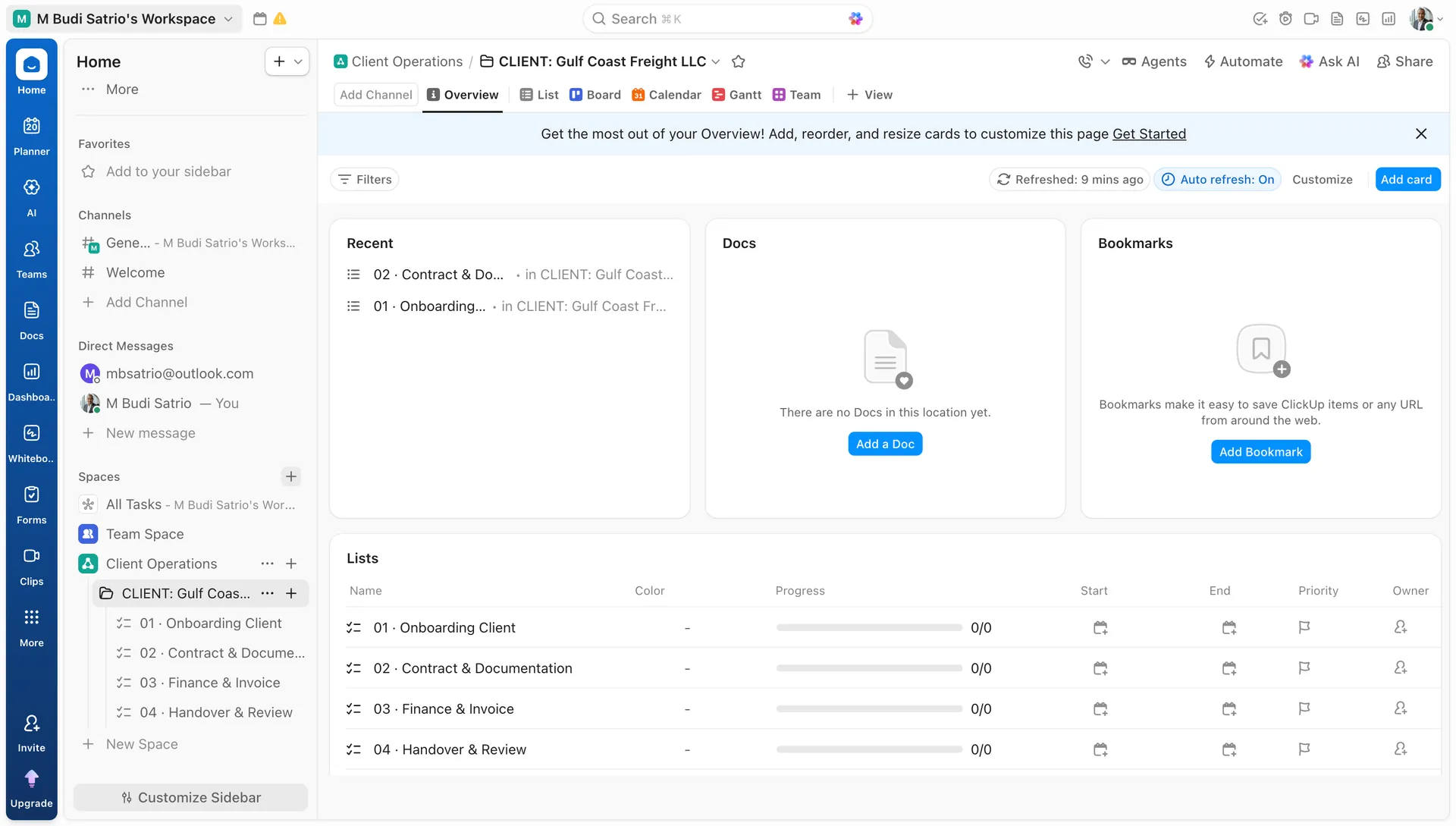 ClickUp workspace CLIENT Gulf Coast Freight LLC 4 lists overview