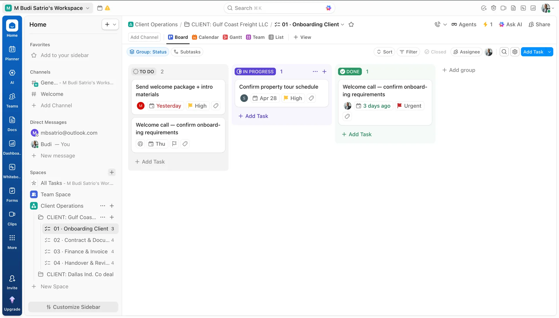 ClickUp Board view Onboarding Client To Do In Progress Done tasks assignee priority