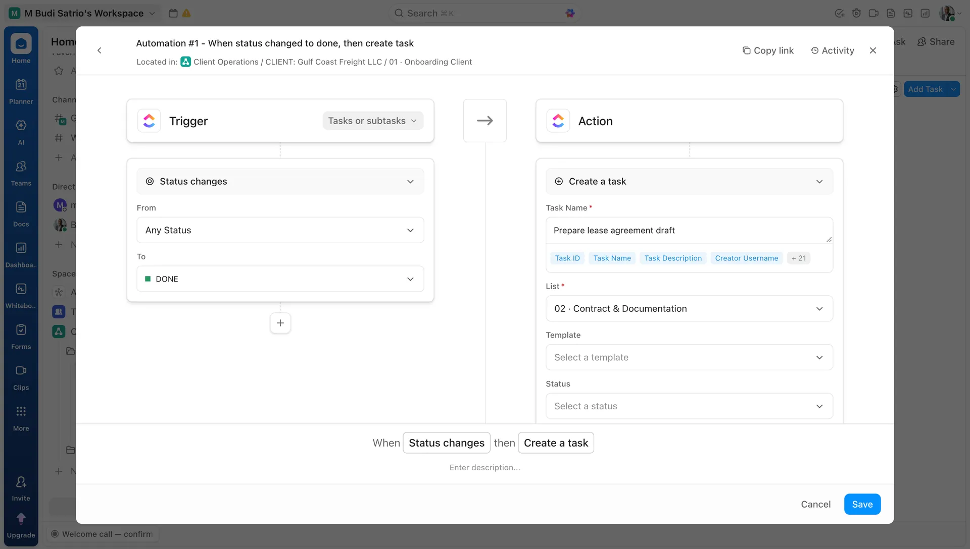 ClickUp automation status changes to done create task Prepare lease agreement in Contract list